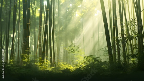 Foggy morning in the forest. Panoramic image.