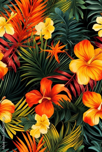 Trendy exotic jungle plants illustration pattern 