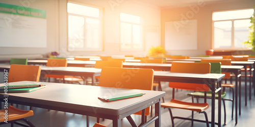 Empty classroom with vintage tone chairs and desks education sight on a sunlight background 