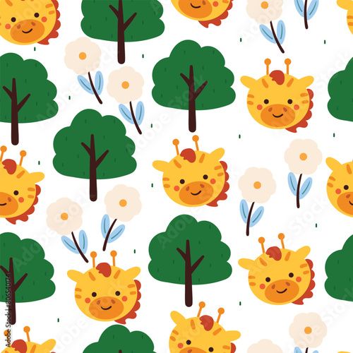 seamless pattern cartoon giraffe with flower, plant and tree. cute animal wallpaper for textile, gift wrap paper