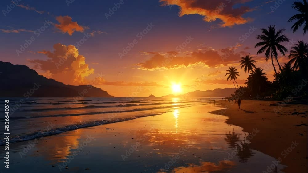 Animated Summer sunset scene on a tropical beach Seamless looping 4k time-lapse animation video background Animated Summer sunset scene on a tropical beach Seamless looping 4k time-lapse animation video background