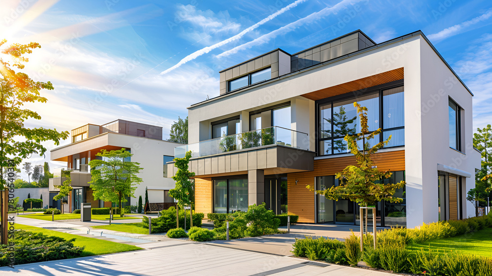 Apartment townhouse residential home architecture and outdoor facilities. Blue sky on the background,Stylish white and brown apartment complex,Elegant Simplicity: Unveiling the Stunning Exterior 
