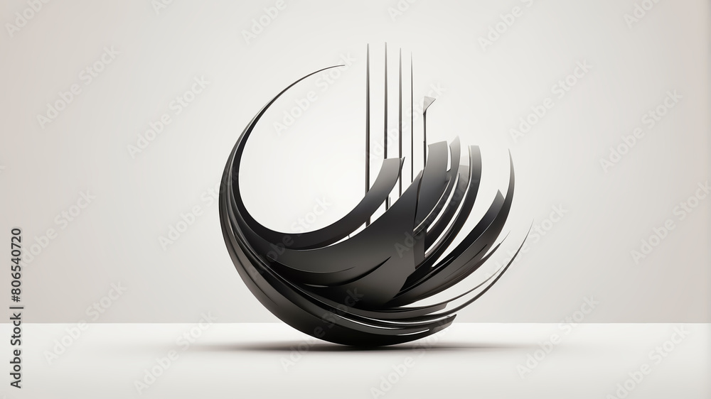 Abstract three dimensional black metal sculpture art depicting dynamic curved lines and shapes. Abstract three dimensional black metal sculpture art depicting dynamic curved lines and shapes.