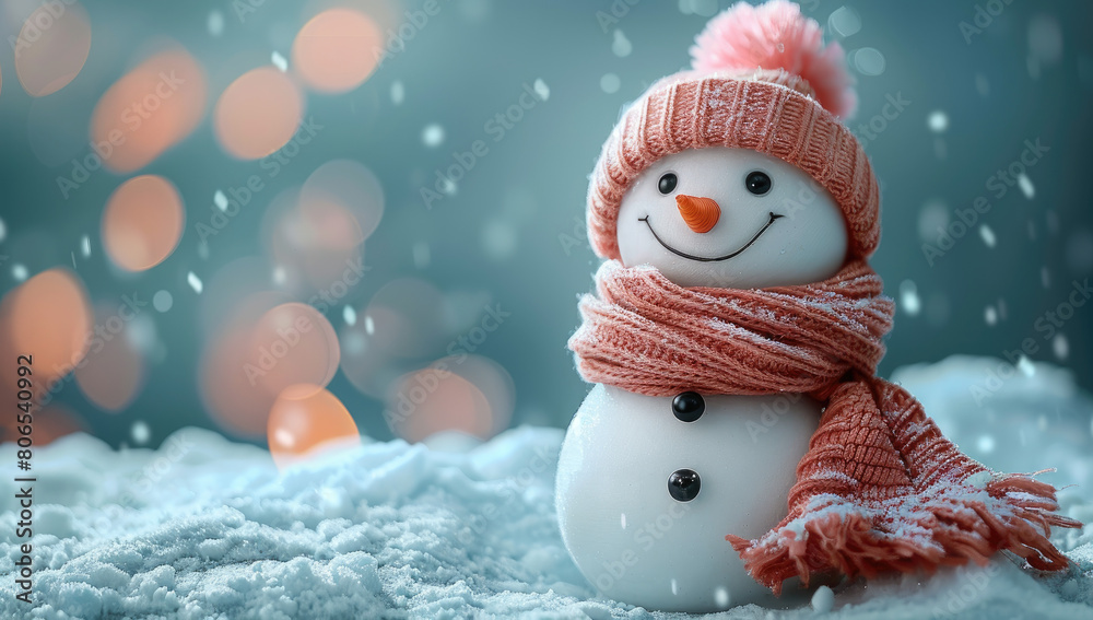 A cute smiling snowman wearing a hat and scarf standing in the middle of a blue winter background with many red and white Christmas balls. Created with Ai