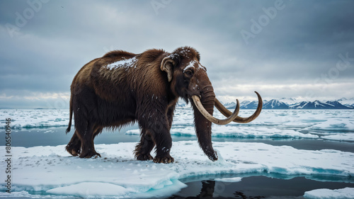 Majestic woolly mammoth standing on ice floes against snowy mountains backdrop. global climate change has led to the extinction of many animal species photo