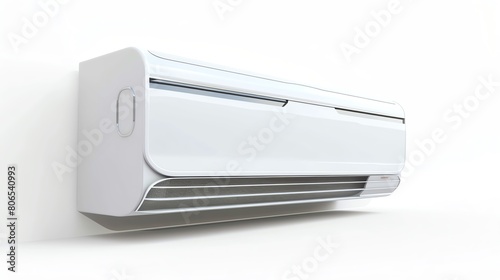 3D rendering of a modern air conditioner mounted on a white wall.