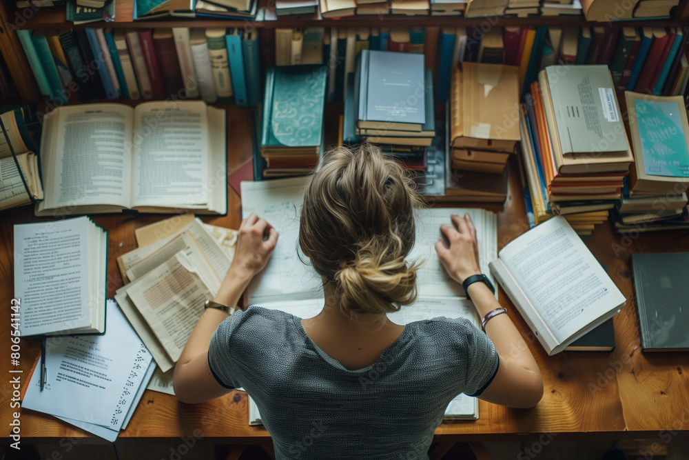 top shot of a student studying at the table table full of books light colour palette top shot of a student studying at the table table full of books light colour palette