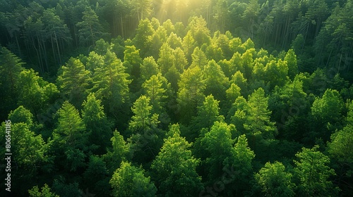 Daybreak Panorama: Aerial View of Forest Bathed in Sunlight