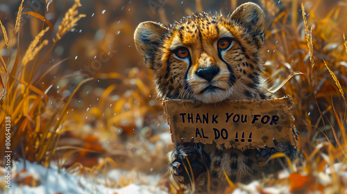 A cheetah holding a sign that says thank you for all you do. photo