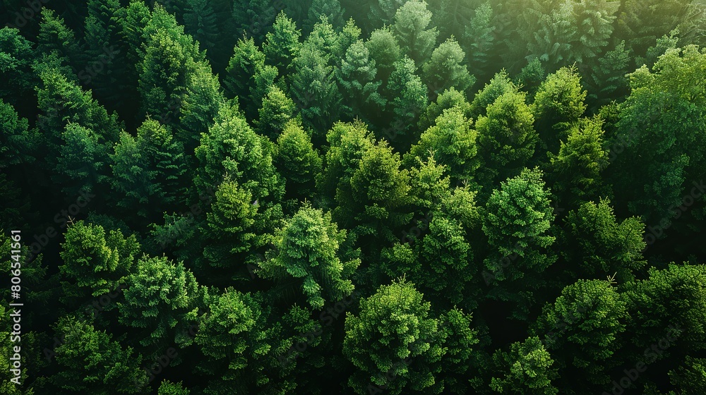 Daybreak Panorama: Aerial View of Forest Bathed in Sunlight