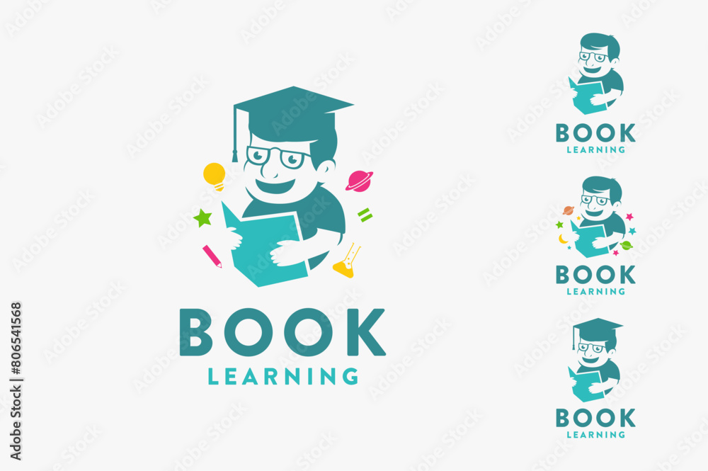 Fototapeta premium Set of simple education logo, Kid reading book logo vector icon illustration on white background