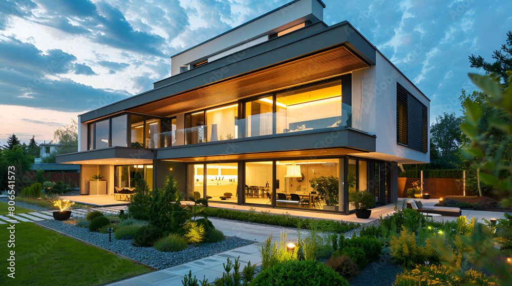 Apartment townhouse residential home architecture and outdoor facilities. Blue sky on the background,Stylish white and brown apartment complex,Elegant Simplicity: Unveiling the Stunning Exterior 

