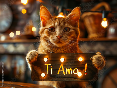 A cat holding up a sign that says ti amo. photo