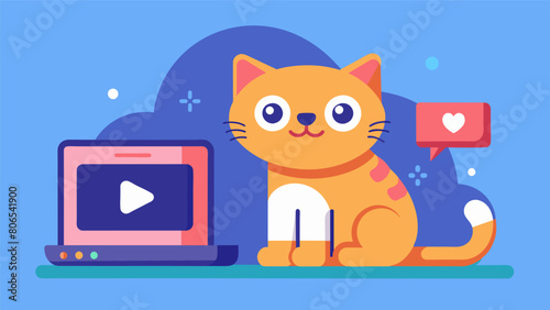 A gylooking Persian cat visibly brightens up as an AI system senses her low mood and plays her favorite catthemed YouTube videos.. Vector illustration
