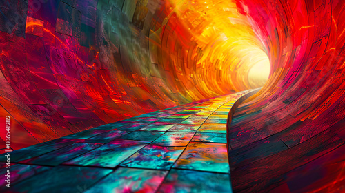 A tunnel with bright colors and a light at the end. photo