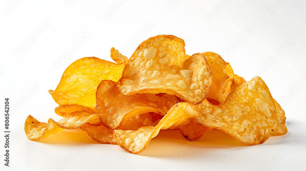 Crispy potato chips stack with salt and spices isolated on white background, fast food snacks and crisps, the concept of unhealthy diet and lifestyle Crispy potato chips stack with salt and spices isolated on white background, fast food snacks and crisps, the concept of unhealthy diet and lifestyle