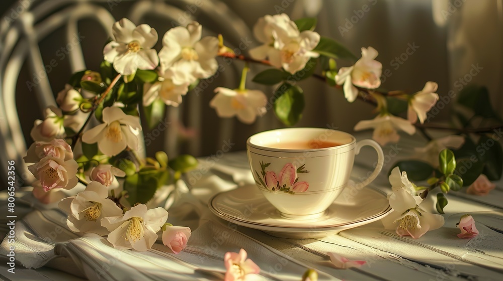Pausing for a Moment of Serenity with a Delicate Cup of Tea and the Fragrance of Blossoming Flowers Pausing for a Moment of Serenity with a Delicate Cup of Tea and the Fragrance of Blossoming Flowers