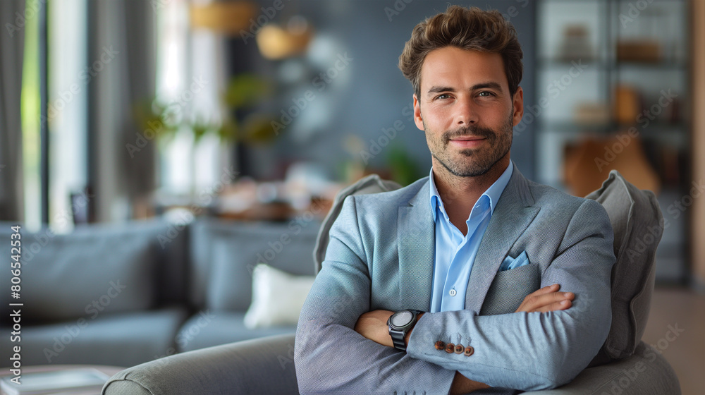 Portrait of handsome young businessman with arms crossed in modern office. Portrait of handsome young businessman with arms crossed in modern office.