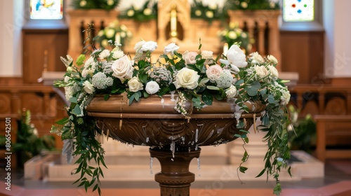 A baptismal font adorned with flowers and greenery for the ceremony.  photo