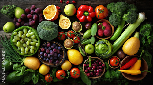 Overhead view of fruits and vegetables on table