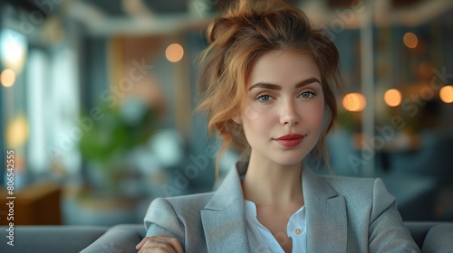 Portrait of a beautiful young woman in a business suit, looking at the camera.