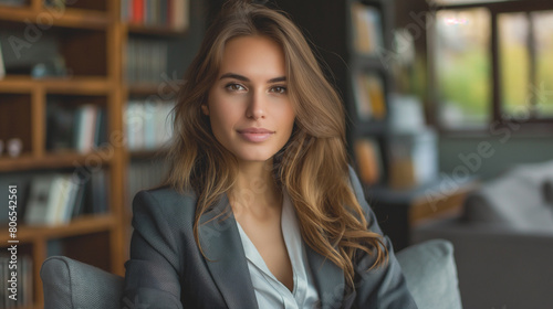 Portrait of a beautiful young woman in a business suit, looking at the camera.