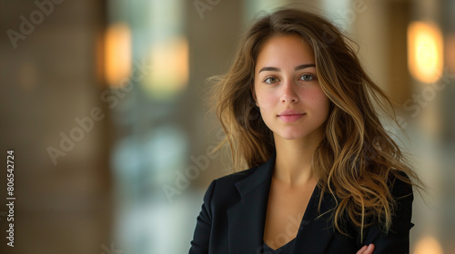 Portrait of a beautiful young woman in a business suit, looking at the camera.