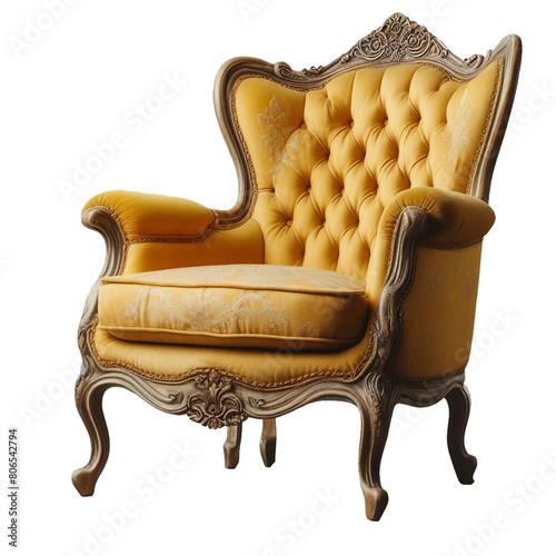 Old vintage yellow armchair isolated on transparent a white background