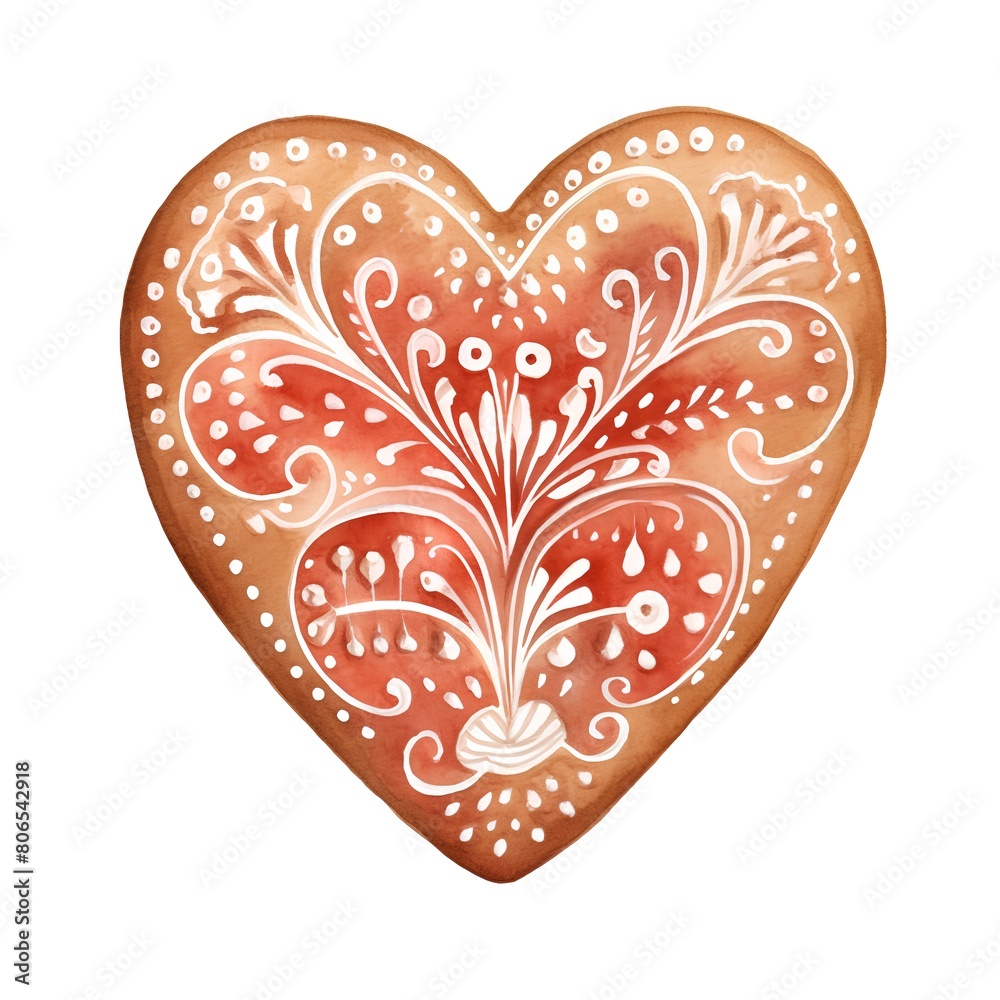 Watercolor gingerbread heart on white background. Hand drawn illustration.