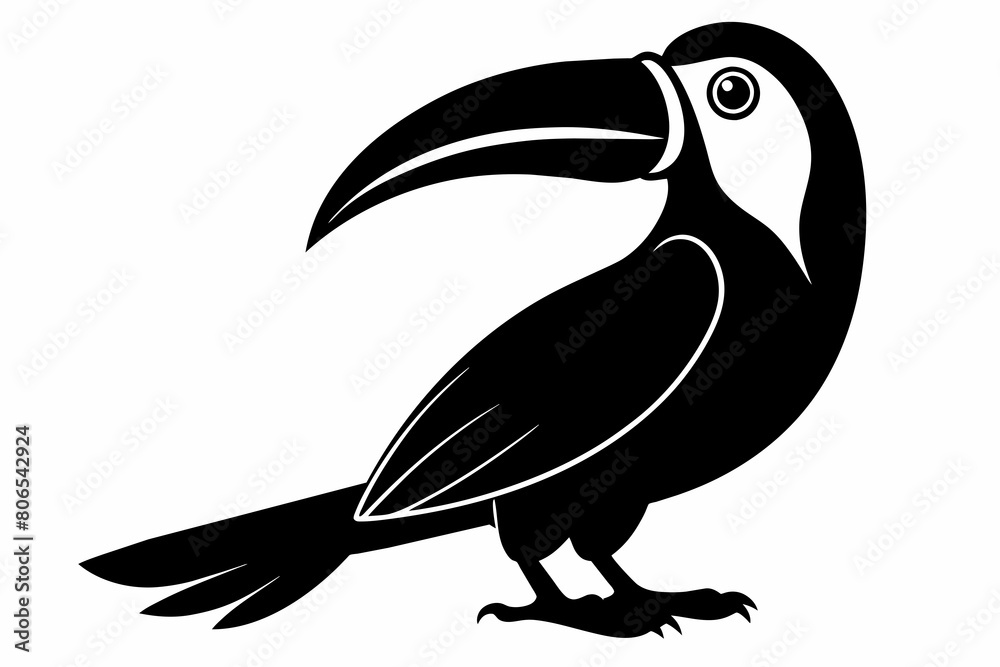 Obraz premium Toucan silhouette on white background, Vector illustration, bird, icon, svg, characters, Holiday t shirt, Hand drawn trendy Vector illustration, raven on a branch