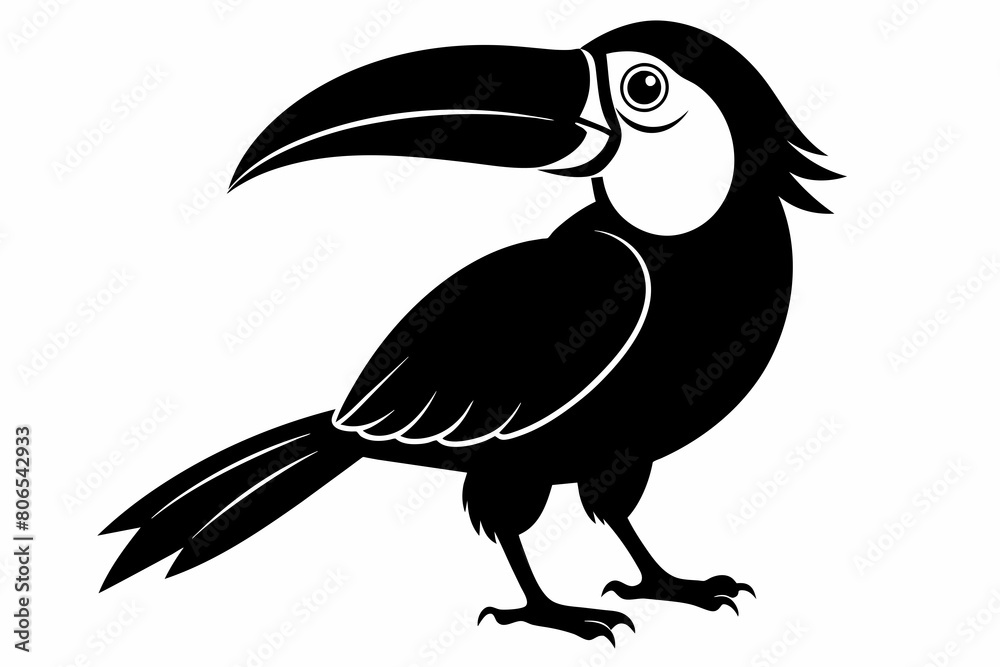 Obraz premium Toucan silhouette on white background, Vector illustration, bird, icon, svg, characters, Holiday t shirt, Hand drawn trendy Vector illustration, raven on a branch