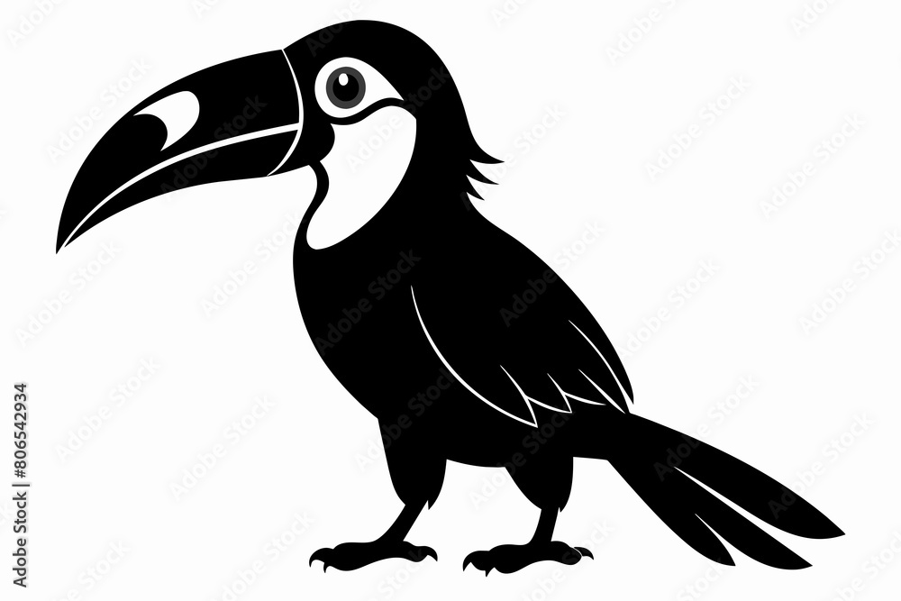 Obraz premium Toucan silhouette on white background, Vector illustration, bird, icon, svg, characters, Holiday t shirt, Hand drawn trendy Vector illustration, raven on a branch