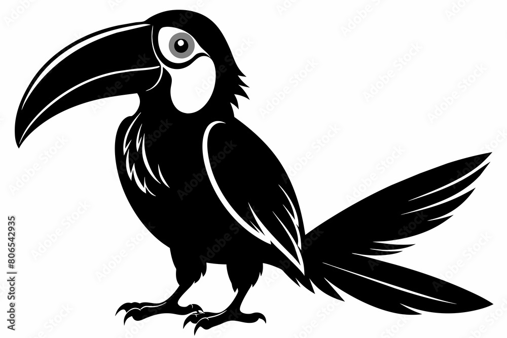 Obraz premium Toucan silhouette on white background, Vector illustration, bird, icon, svg, characters, Holiday t shirt, Hand drawn trendy Vector illustration, raven on a branch