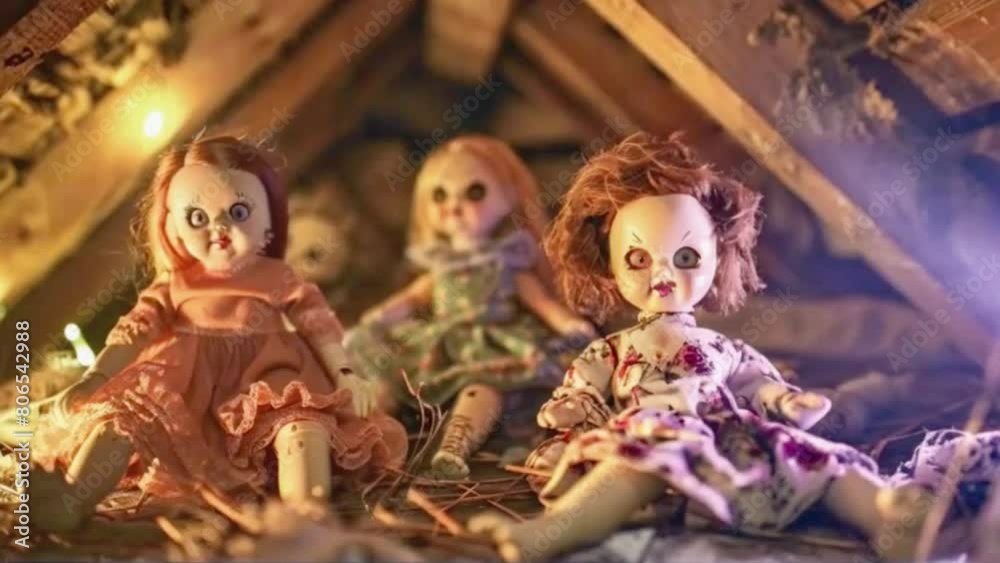 Creepy Dolls in an Attic, Halloween Background 4k High-Quality animation video Creepy Dolls in an Attic, Halloween Background 4k High-Quality animation video