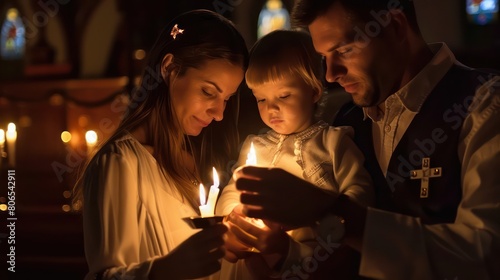 A family lighting candles together to symbolize the light of Christ during the baptism.