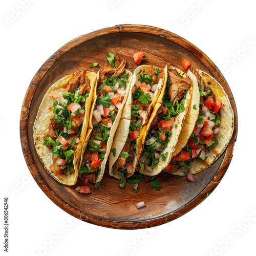 Mexican tacos in a wooden plate isolated on transparent background, png photo