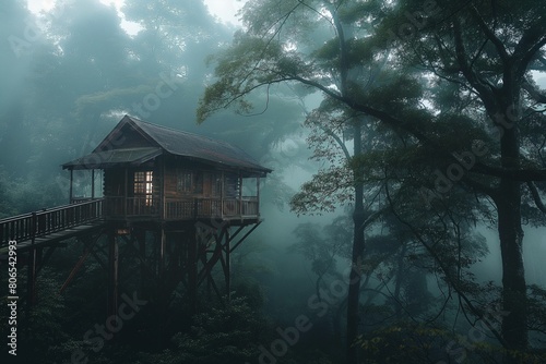 wooden hut in the lake side view with abstract greenery and big green trees with  lush greenery spread all over swings and wooden luxurious things in natural background  © Ya Ali Madad 