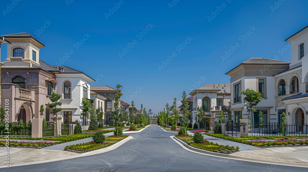 suburb with row of houses, each one unique,Row of double story suburban homes. Photo taken on a partly cloudy day, custom made luxury house with nicely trimmed and landscaped front yard in the subrub
