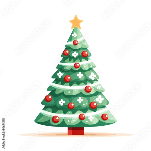 Christmas tree with red balls and star, flat vector illustration isolated on white background.