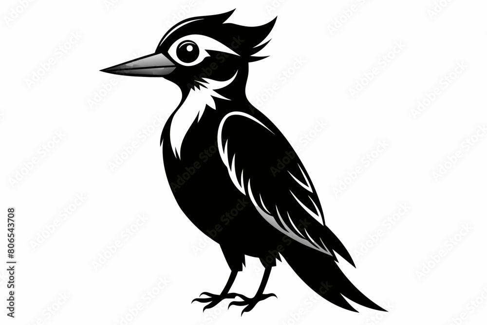 Fototapeta premium Woodpecker silhouette on white background, Vector illustration, bird, icon, svg, characters, Holiday t shirt, Hand drawn trendy Vector illustration, raven on a branch