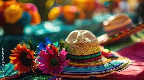 Mexican sombrero on table being sold in an market on sunny day