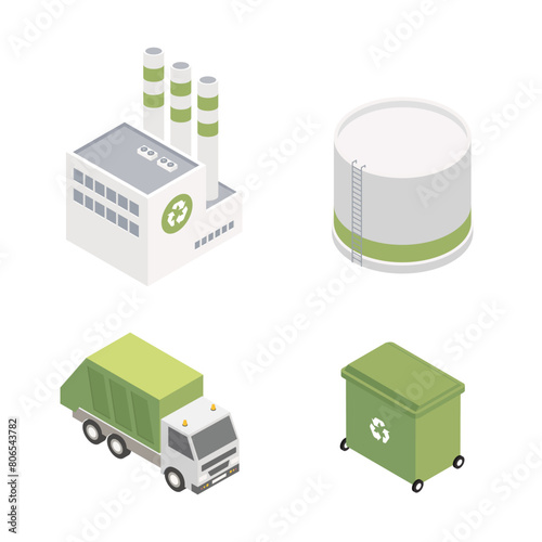 Renewable green energy sources technologies symbols and uses varieties isometric icons collection isolated vector illustration. Eco productions, green factory, green waste sorting, garbage truck.