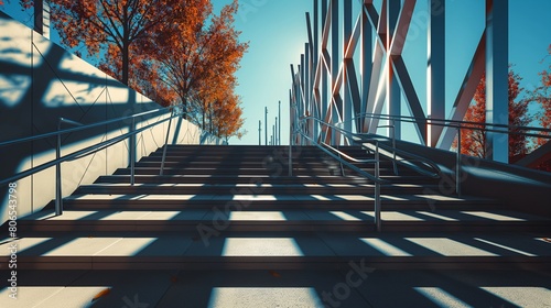 A panoramic view of a staircase with geometric railings casting long, angular shadows in the late afternoon sun, transforming an ordinary architectural feature into a study of lines, light.