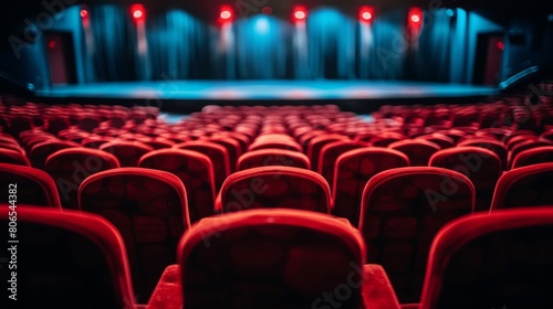 Rows of red seats in an empty theater