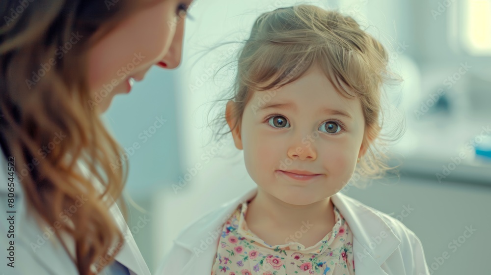 Young girl wearing doctors coat gazes at camera