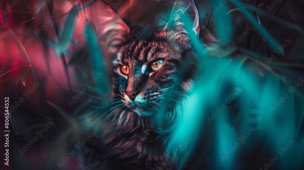 A Maine Coon cat sitting calmly on a tree branch, looking around with curiosity A Maine Coon cat sitting calmly on a tree branch, looking around with curiosity