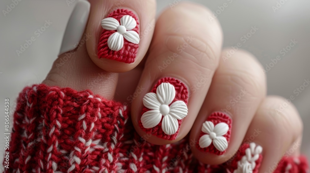 A womans hand showcasing a vibrant red and white manicure design A womans hand showcasing a vibrant red and white manicure design