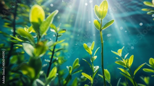 Close-up view of a plant under the water with sunlight shining through its leaves, creating a beautiful natural pattern photo