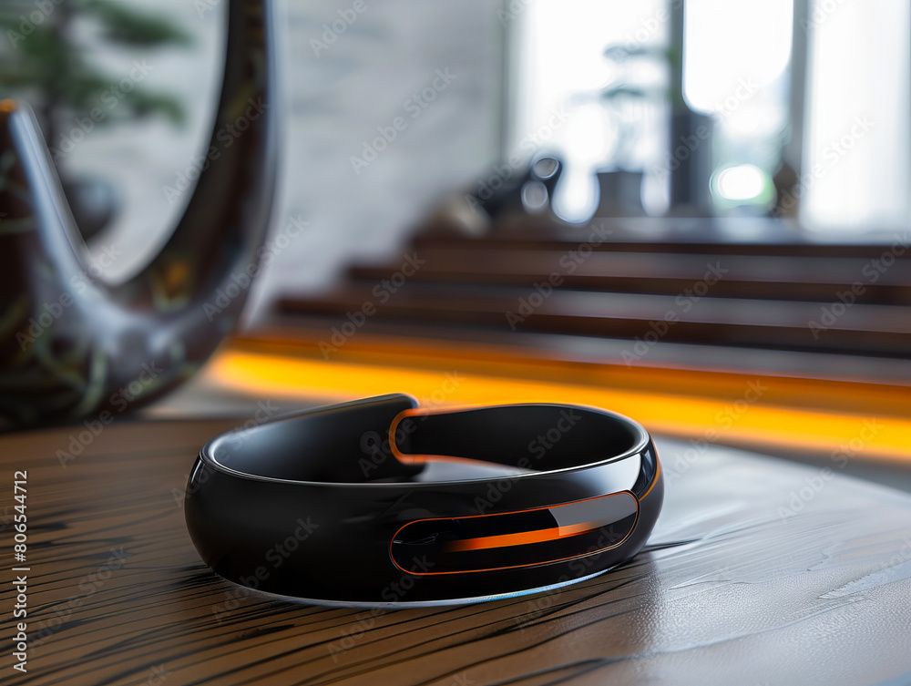Fototapeta premium A black and orange bracelet on a wooden table.