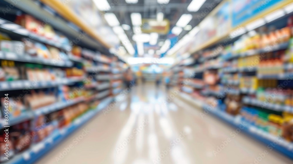 A blurred aisle in a grocery store, showing shelves filled with products